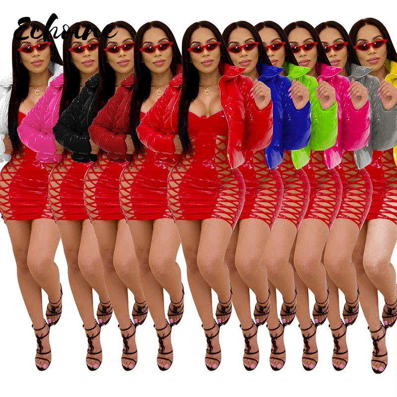 Женская модная блестящая зимняя куртка из искусственной кожи короткая парка на