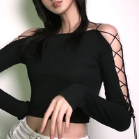 black sexy bandage one off shoulder tee shirts autumn women long sleeve crop tops exposed navel short t shirts female streetwear