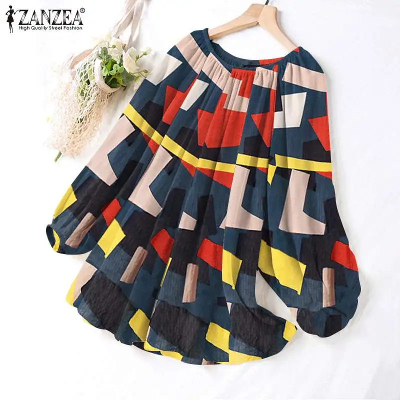 

Блузка ZANZEA женская с круглым вырезом, модный топ с принтом, винтажная рубашка с длинным рукавом, Повседневная хлопковая туника в стиле оверс...