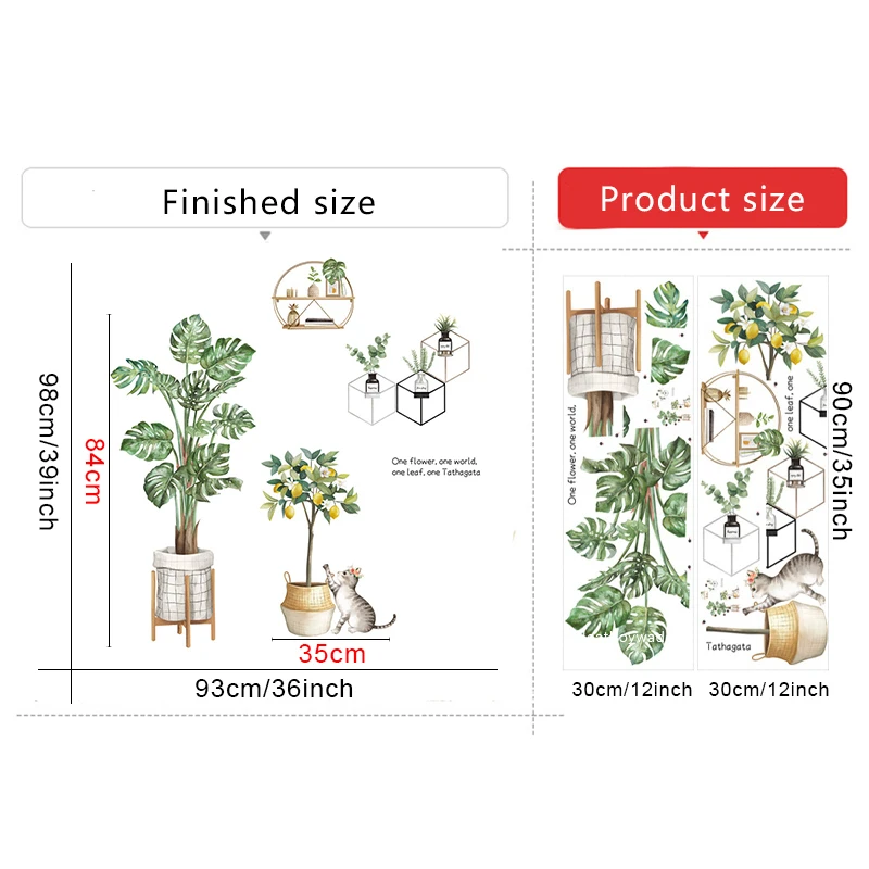98*93 см скандинавские зеленые листья Лимонное дерево настенные наклейки для