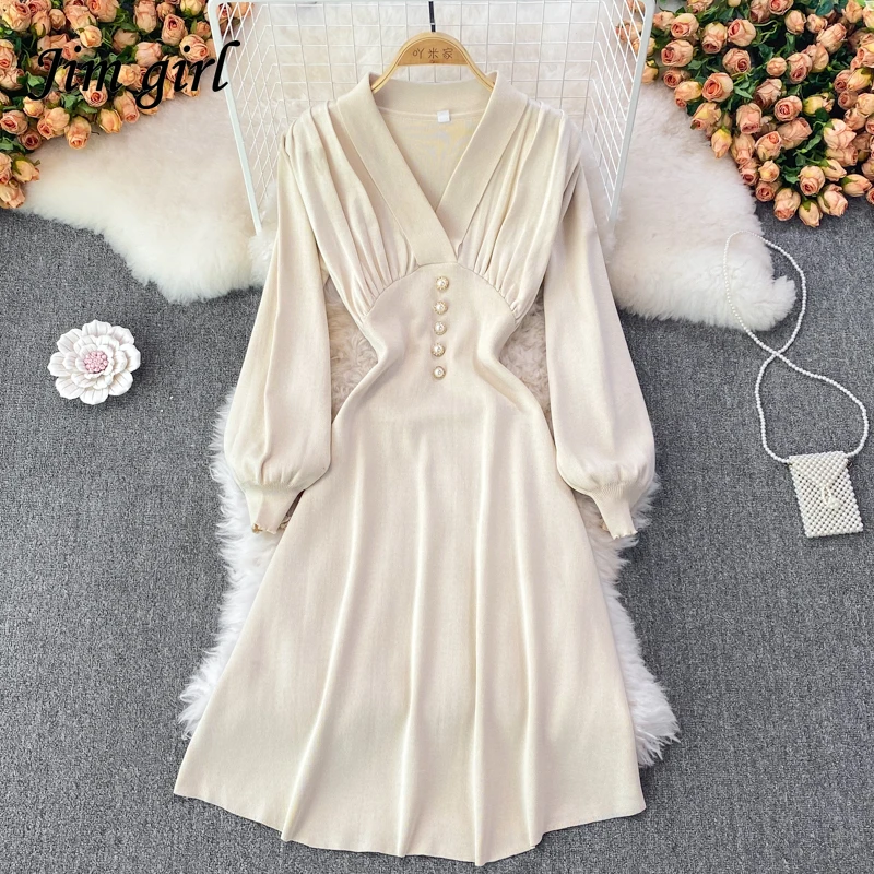 

Женское трикотажное платье-свитер средней длины, элегантное винтажное платье с V-образным вырезом и пышными рукавами, приталенное платье в ...