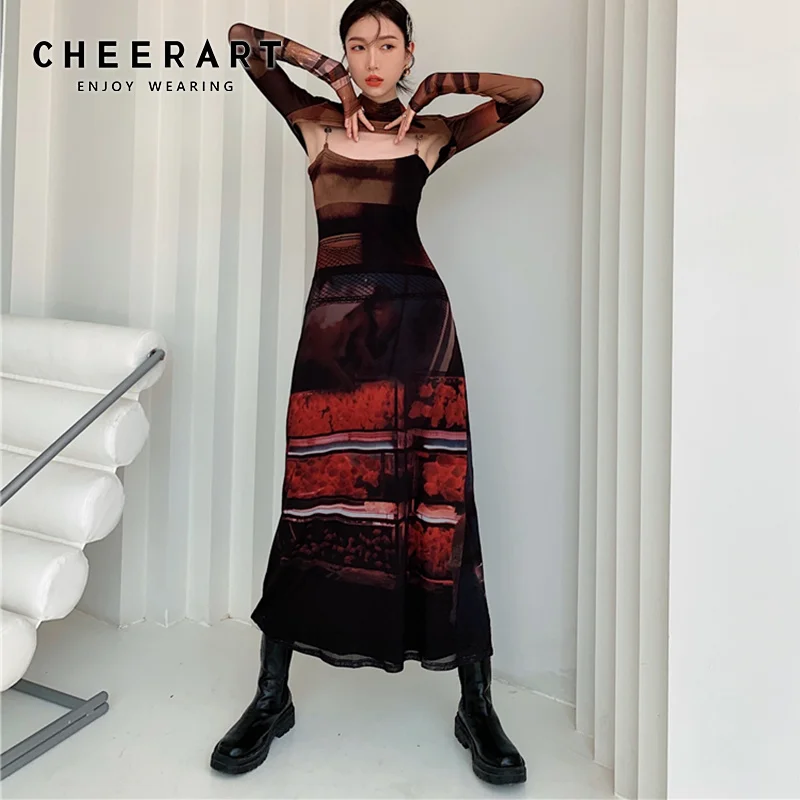 

CHEERART, 2 шт., Сетчатое платье с длинным рукавом в стиле панк, Женская водолазка, длинное облегающее женское платье миди, модельное модное дизай...