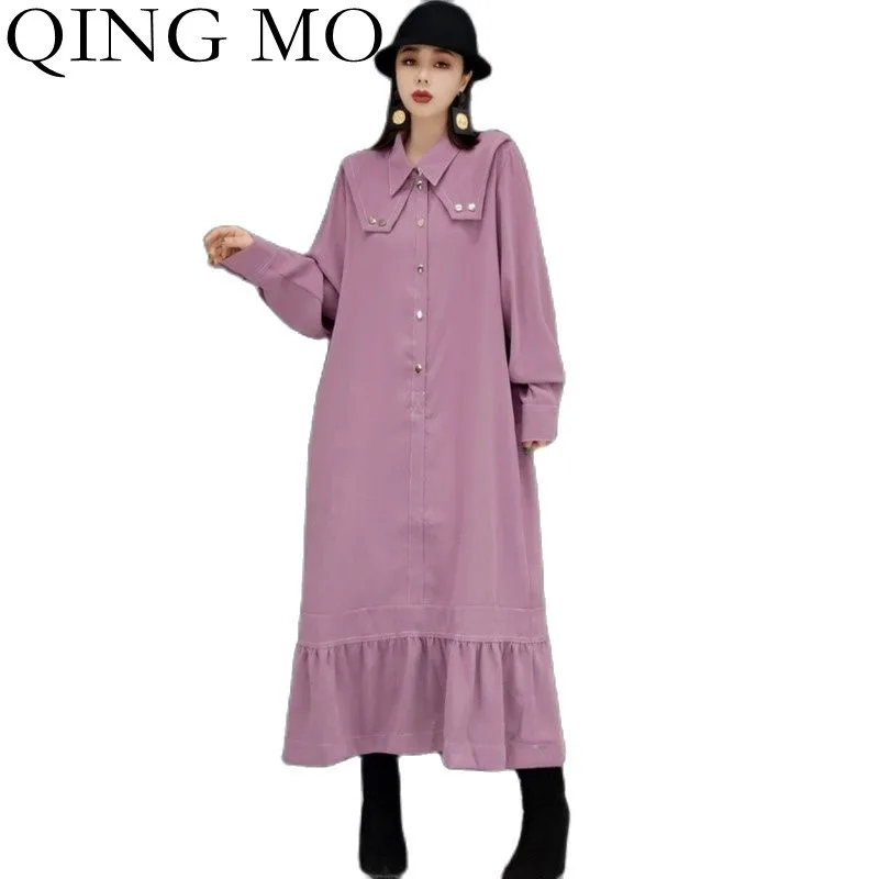 

QINGMO 2022 Spring New Lapel Solid Color Shirt Dress Women Fashion Loose Slim Stitching Ruffled Temperament Dress ZWL1827