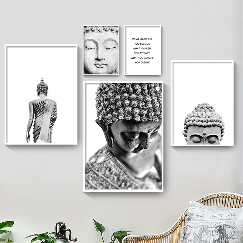 Черный белый цвет статуя Будды Шакьямуни Qoutes Wall Art Холст Картина Nordic Плакаты и