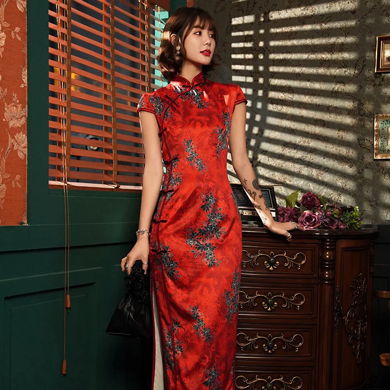 Бордовое классическое женское платье Cheongsam с коротким рукавом Элегантное