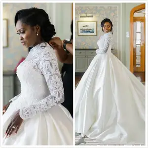 Arabic Plus Size Lace Beaded Wedding Dresses High Neck Long Sleeves Bridal Dresses Cheap Custom Made Wedding Gowns