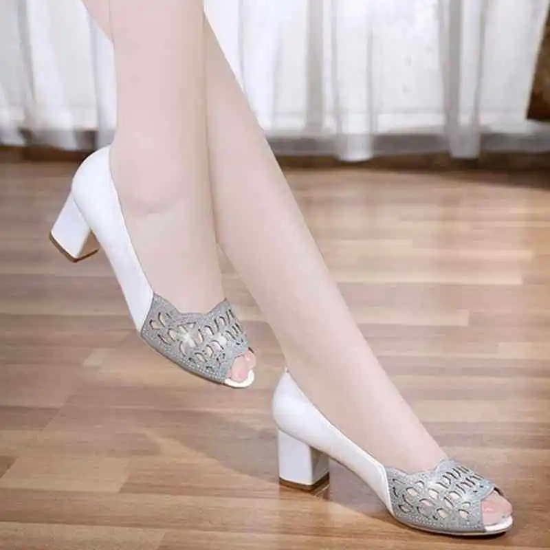 

New Pumps Black High Heels Dress Shoes Summer Sandals White Wedding Shoes Hollow Out Pumps Peep toe Boat Shoes