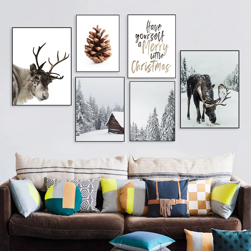 

Winter Forest Moose Christmas Pine Cone Nordic Style Canvas Paintings Scandinavian Poster and Prints Wall Art Picture Home Decor