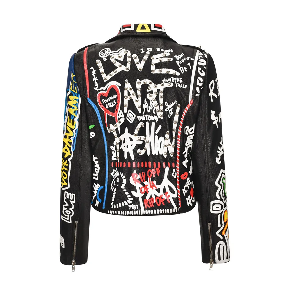 Winter new style lapel zipper graffiti heavy industry printing black punk street fashion short coat women