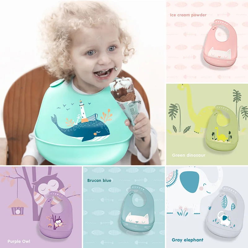 Cartoon Animal Owl Whale Kids Bibs Waterproof Soft Silicone Baby Girl Boy Adjustable Children Bib Accessories | Детская одежда и