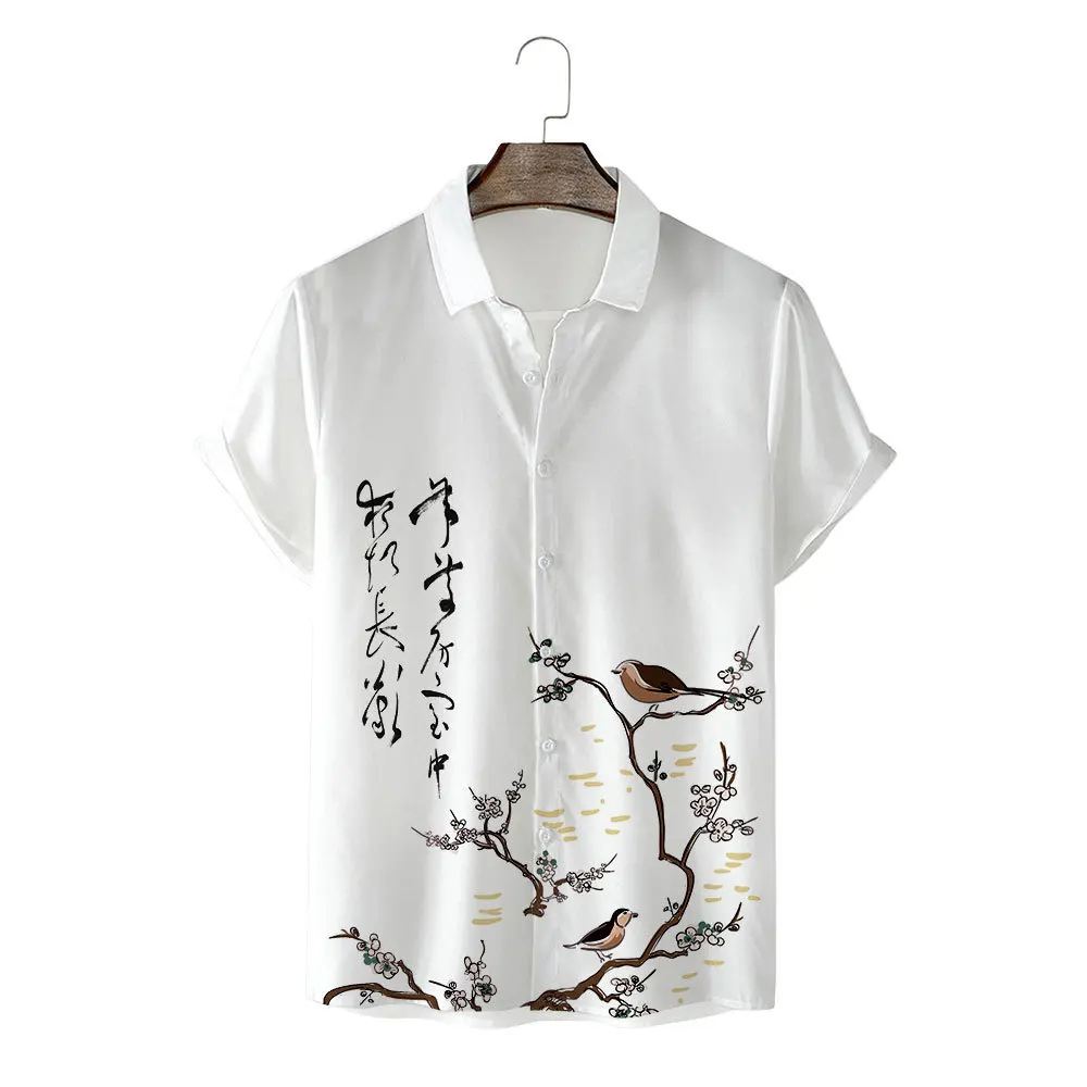 

2022 Men's Summer Casual Printing Lapel White Flower and Bird Loose Shirt