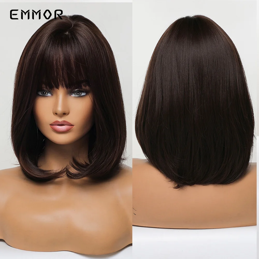 Фото Синтетические парики Emmor парик из темно-коричневых волос с челкой для женщин