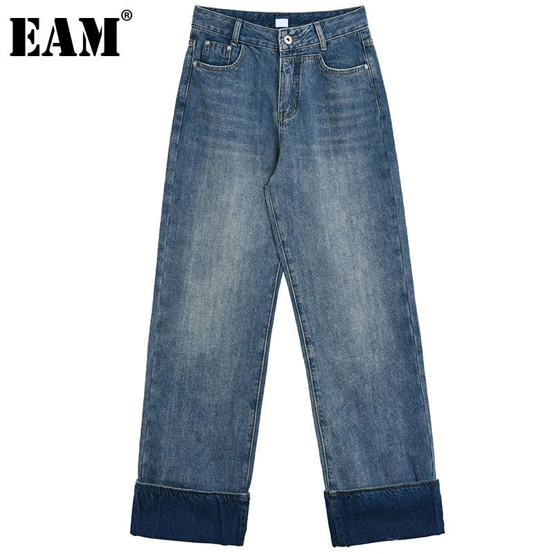 

[EAM] High Waist Blue Hem Fold Long Denim Wide Leg Jeans New Loose Women Trousers Fashion Tide Spring Autumn 2022 1DE4912