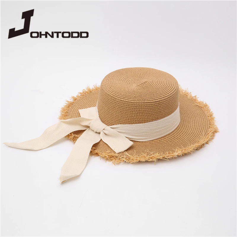 

2021 New Summer Women Flat Top Straw Hat with Black White Ribbon Bowknot Sun Hat Ladies Beach Hat Large Brimmed Hat Sunscreen