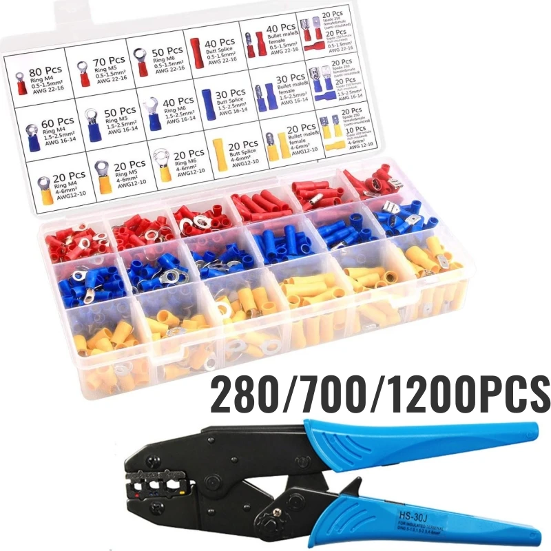 

280/660/1200PCS Insulated Cable Connector Electrical Wire Assorted Crimp Spade Butt Ring Fork Set Ring Lugs Rolled Terminals Kit
