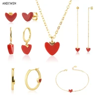 andywen 925 sterling silver gold red heart love stud earring drop piercing hoops bracelet choker chain necklace jewelry set gift