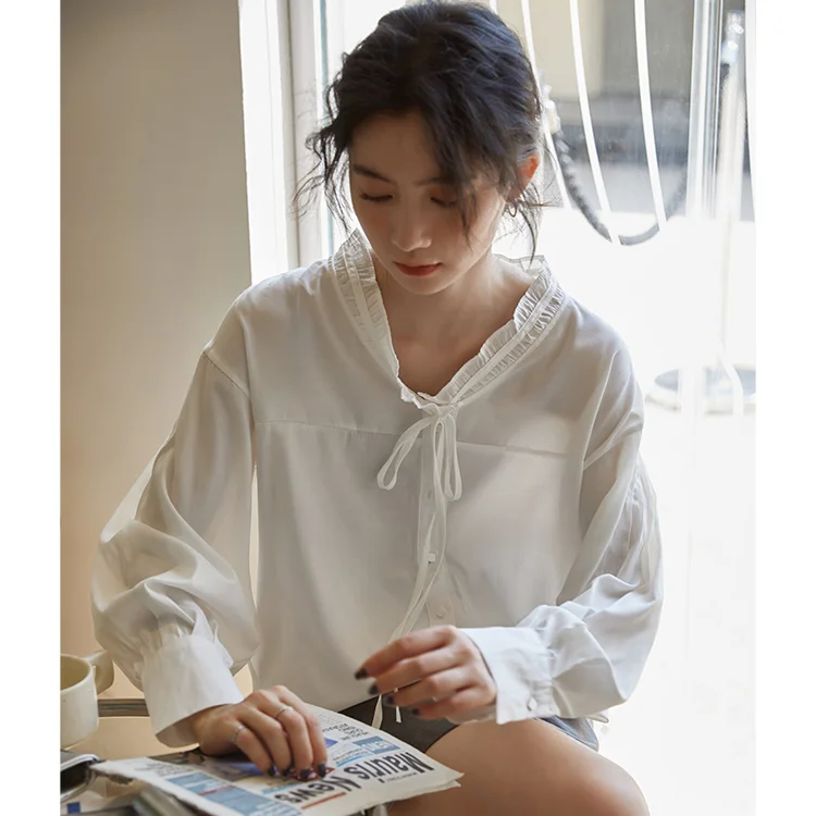 

CMAZ Shirts For Women CMAZ Shirts For Women Real Shot Autumn Design Sense High Sense Wooden Ear White