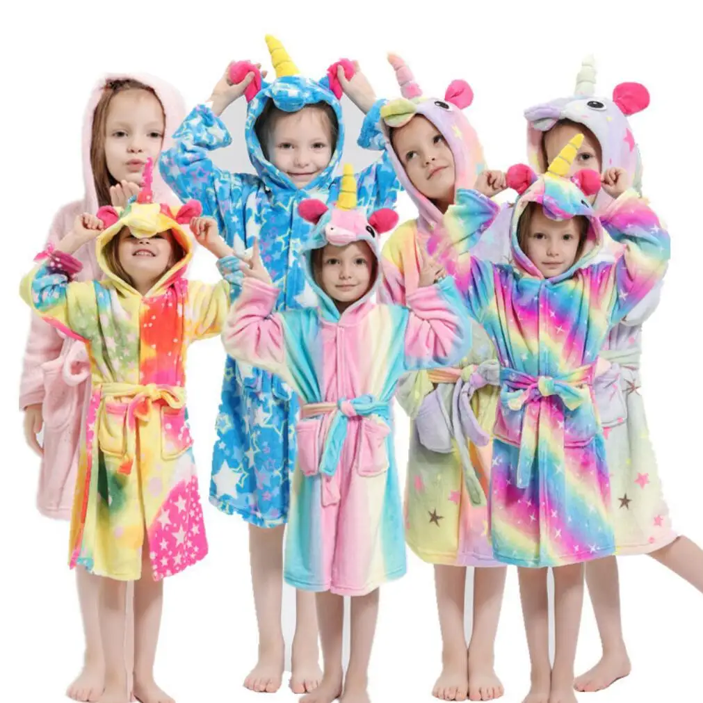 

Children Flannel Bathrobes Baby Rainbow Unicorn Hooded Bath Robe Animal For Girls Pyjamas Nightgown Kids Sleepwear Home Wear