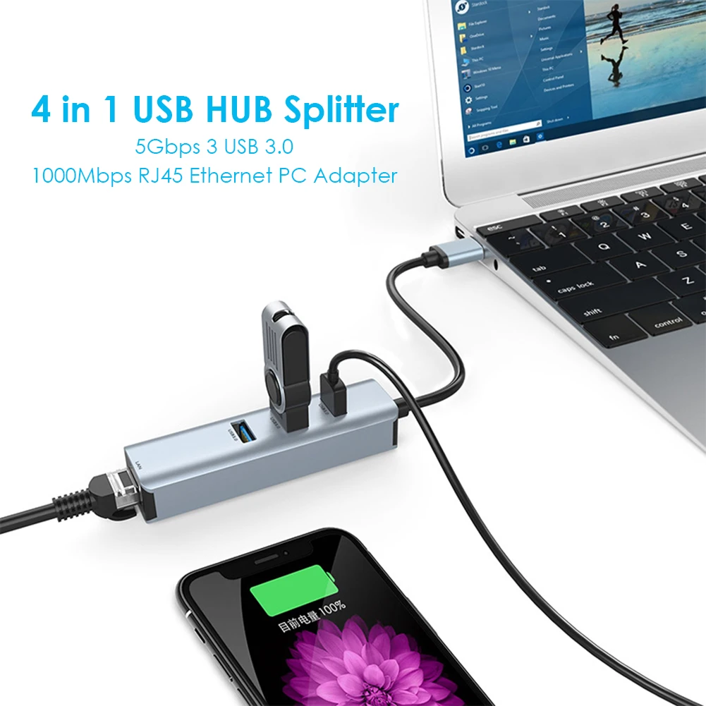 Портативный 4 в 1 usb-хаб USB 3 0 к Rj45 хаб гигабит Ethernet адаптер 1000 Мбит/с сетевая карта Lan