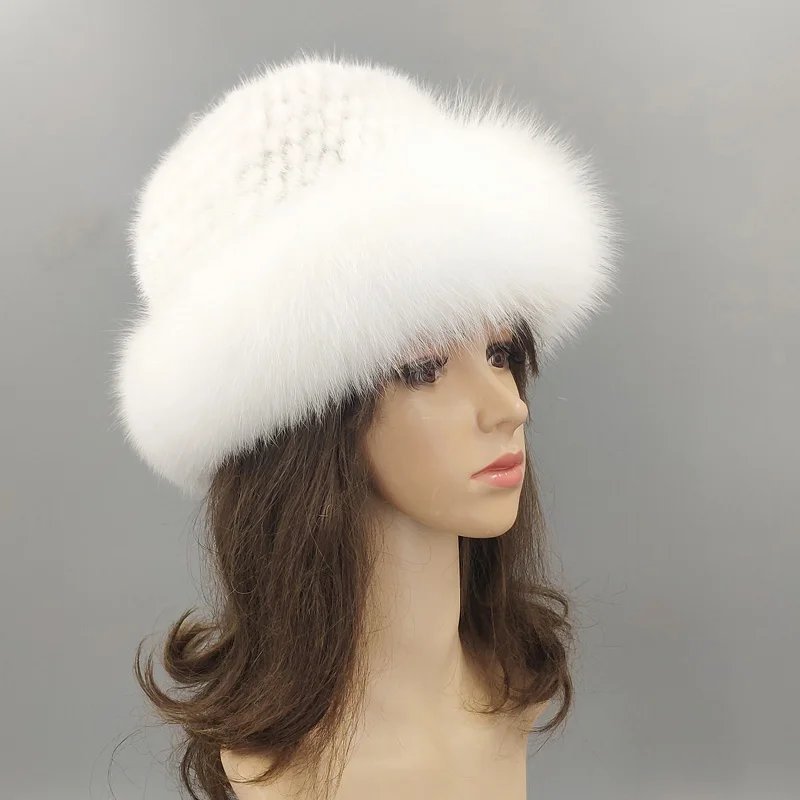 Вязаная шапка s Зимняя с большим краем для женщин и девушек Skullies Beanies шапка плотная Удобная меховая шапка из натуральной норки сохраняющая тепло русская лиса шапки - Цвет: Армейский зеленый