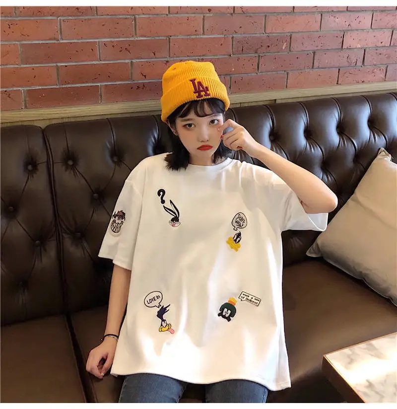 Женская летняя свободная футболка с коротким рукавом и вышивкой в Корейском