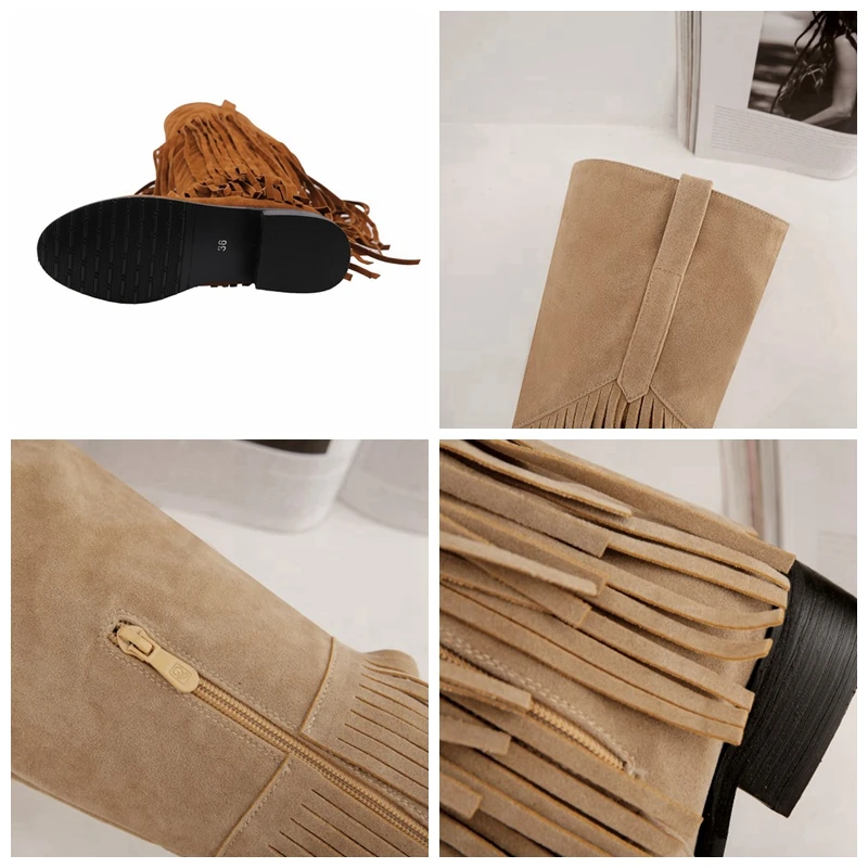 

REAVE CAT Woman Winter Warm Slim Over knee Boots Round Toe Square Heel Flock Zipper Tassel Plus size 32-46 Leisure Casual A2785