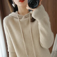 100 pure wool cashmere sweater 2021 spring autumn womens hooded collar pullover casual knitted top korean long sleeved ja