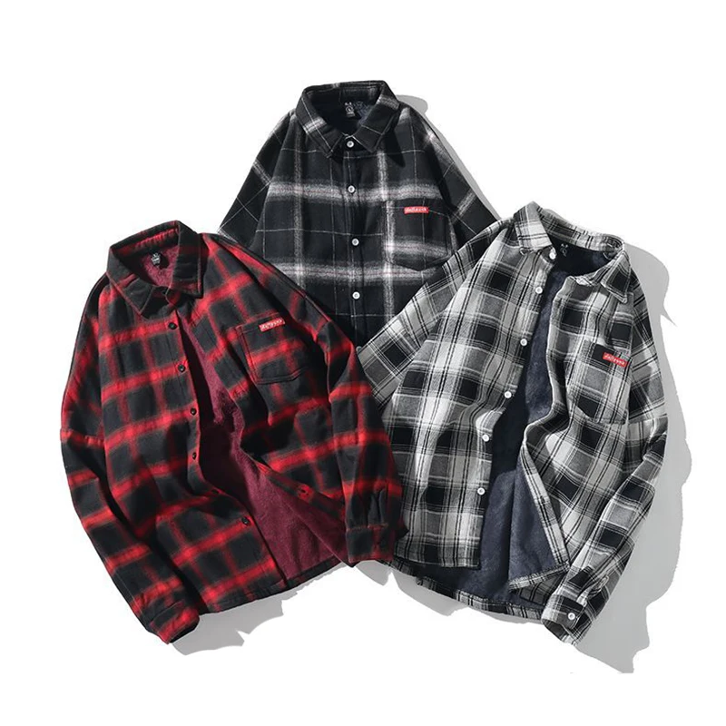 Рубашка мужская флисовая в клетку Повседневная теплая винтажная сорочка с