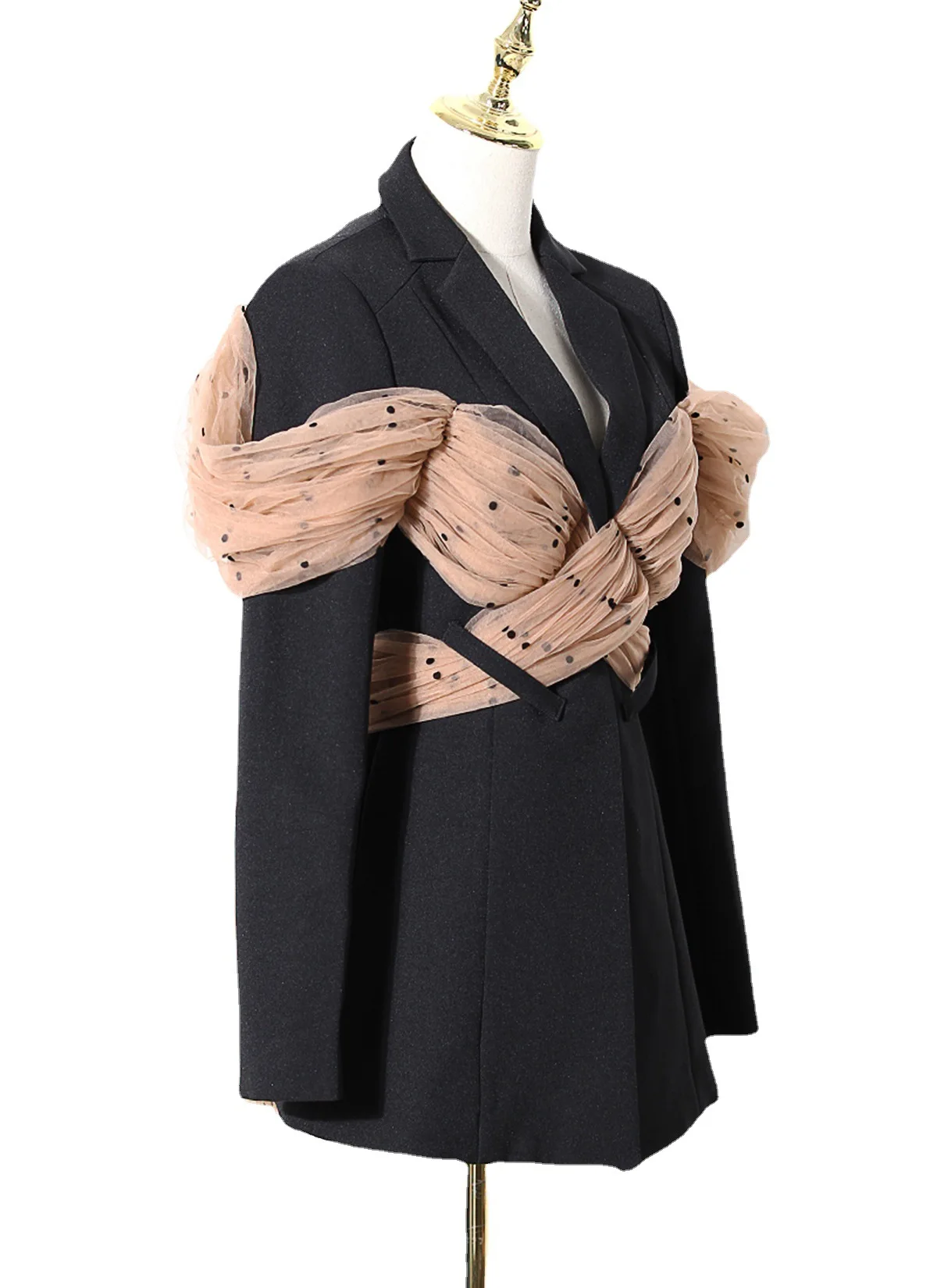 

2021 Spring New Fashion Medium Length Women's Coat Polka Dot Mesh Splicing Notched Collar Backless Blazer Cc85