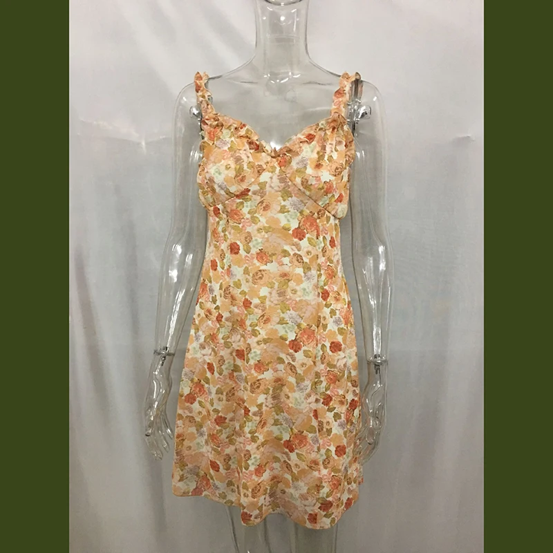 

Summer Women Sexy Mini Dress Spaghetti Straps V Neck Sleeveless Floral Printed Boho Dress Clothes for Female Ladies Fashion New