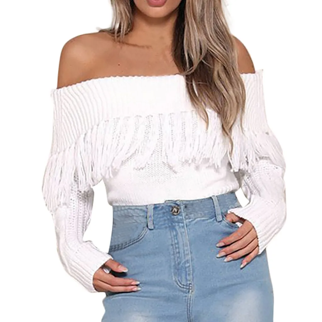 Women Sexy Solid Off Sweater Shoulder Tassel Long Sleeve Loose Sweaters Blouse Tops Female Women's Winter Clothes | Женская одежда