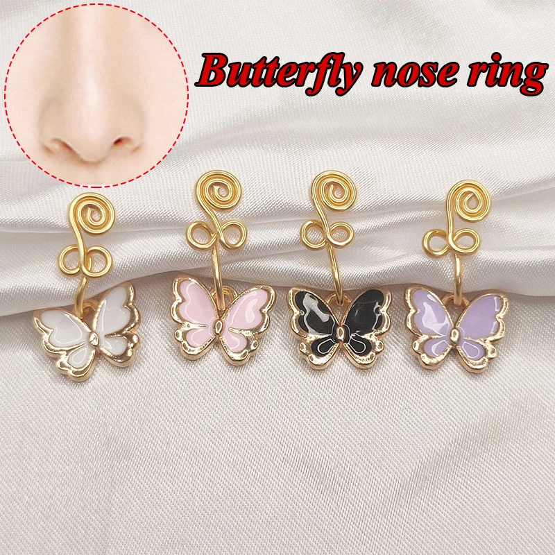 

2021 Goth Butterfly Copper Wire Spiral Fake Piercing Nose Ring Punk Gold Color Clip Nose Ring Ear Clip Cuff Body Jewelry