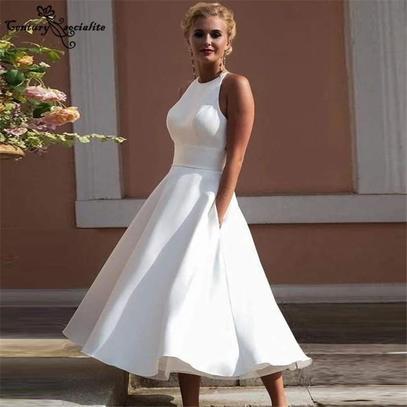 

Simple Short Wedding Dresses for Women Bride 2021 with Pockets Tea-Length Lace Satin A-Line Boho Bridal Gowns Vestido De Noiva