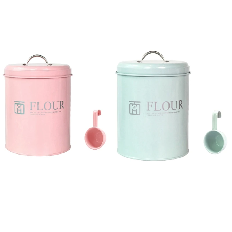 

2 Pcs 2.5Kg Baking Flour Storage Bucket With Spoon With Sealing Ring Moisture-Proof Anti Rust, Pink & Mint Green