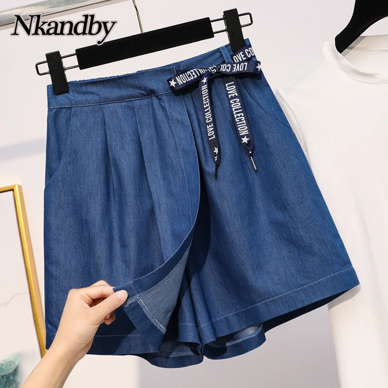 

Plus Size Tencel Denim Shorts Skirts Summer Women Elegant Fashion Loose Elastic Waist Lace Up Oversized Ladies Wide Leg Shorts