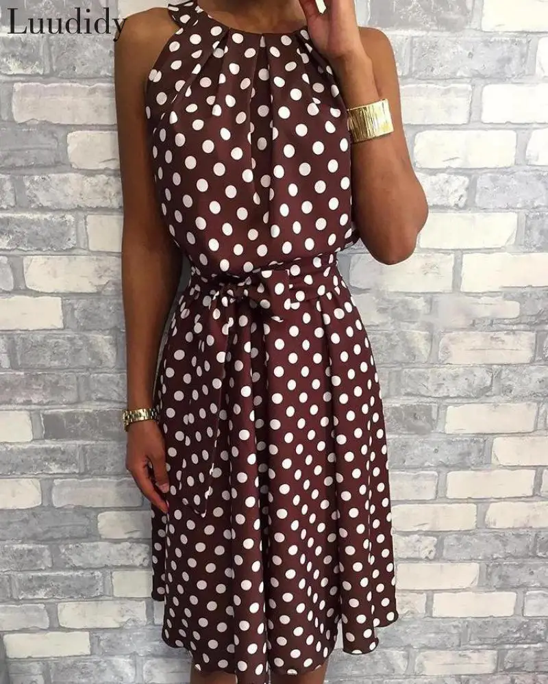 

Women Polka Dot Print Large Size Midi Dress Summer Sleeveless Belted Casual Loose Dress