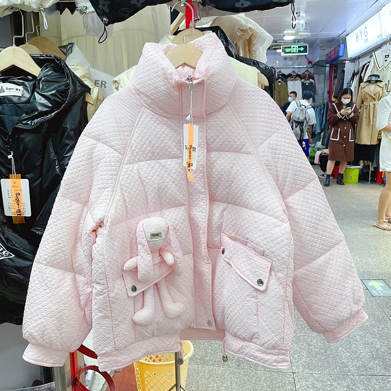 

Cute Rabbit Doll Cotton-Padded Coat for Women Loose Casual Thicken Warm Pink Cotton-Padded Jacket Student Winter Cotton Clothes