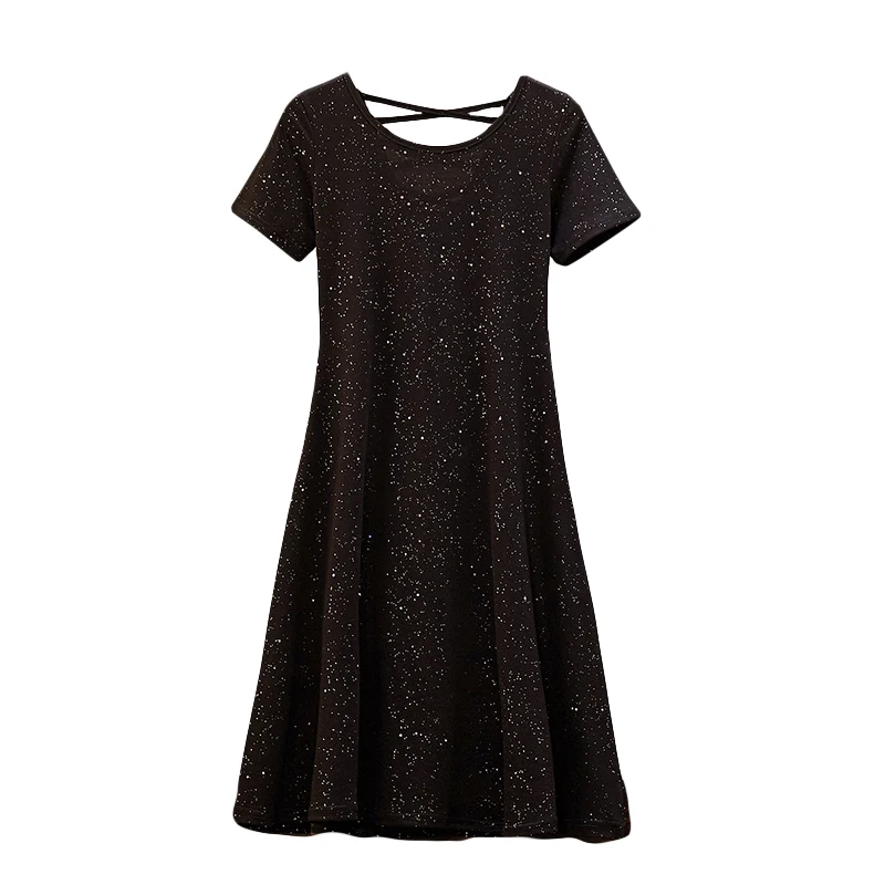

Shiny plus size women elegant vintage dress 2021 fashion short sleeve o neck sexy Backless casual Office Summer dresses vestido