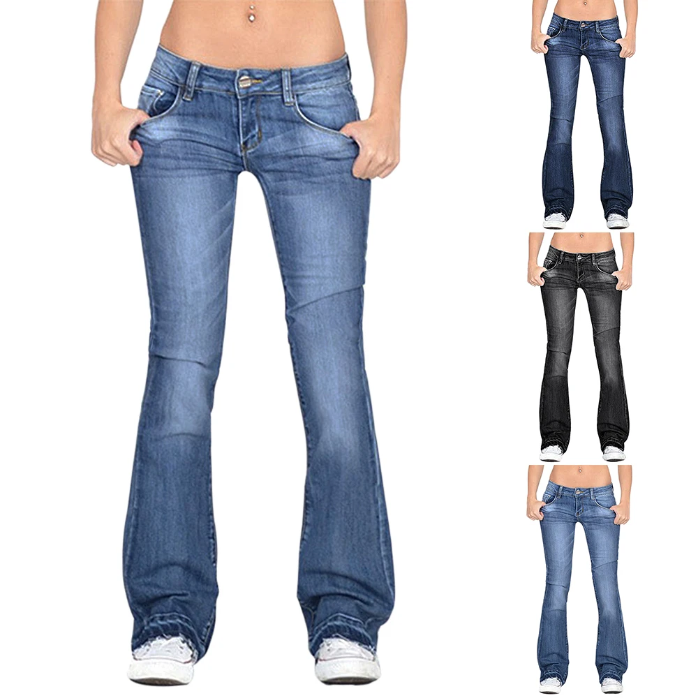 

2021 Washed High Waist Button Boot-cut Jeans Women Casual Long Pants Trousers Vintage Female Streetwear Ladies Denim Pants