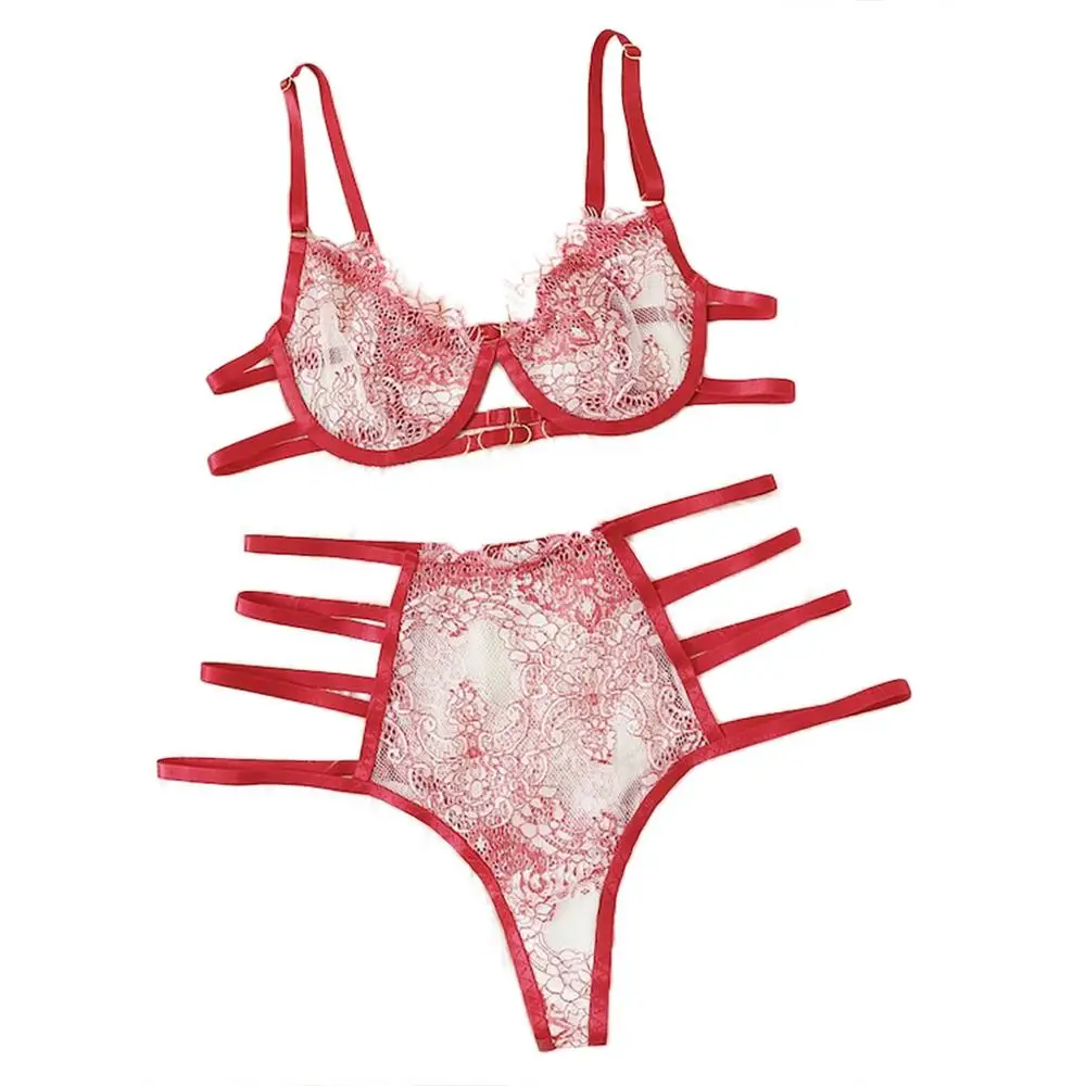 Red Женское нижнее белье, корсет, кружево, на косточках, пикантная муслиновая одежда для сна, нижнее белье, топы и трусы, модные, Sous Vetement Femme, сексуальный ансамбль - Цвет: Red