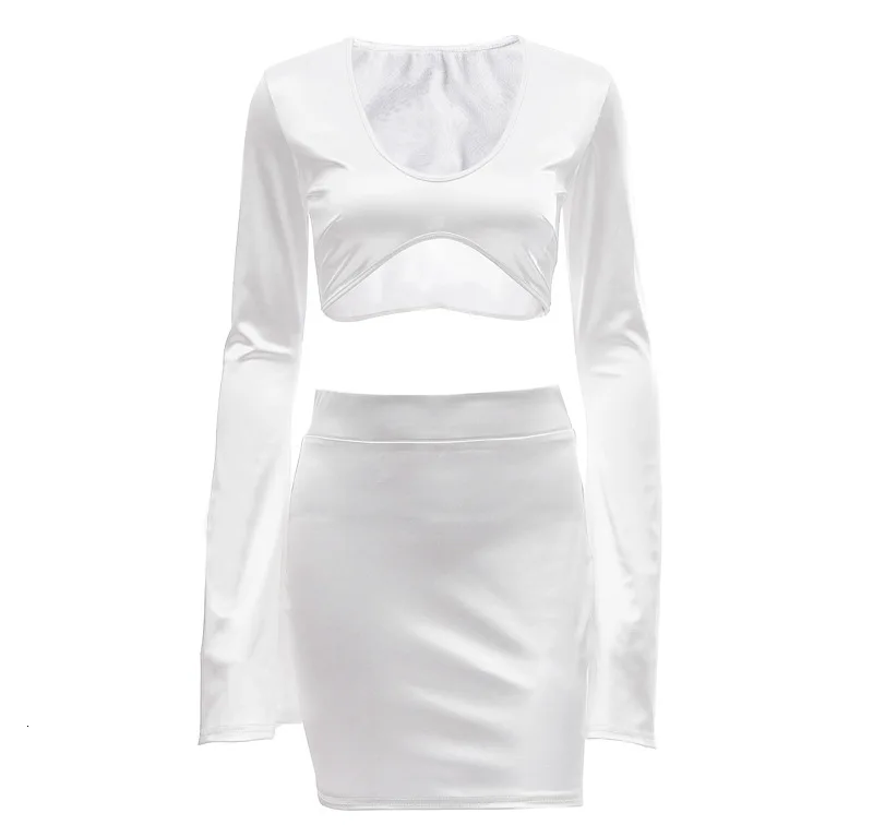 Шелковистый атласный комплект из 2 предметов укороченный топ с длинным рукавом и