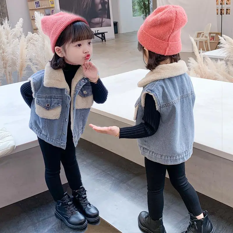 

Winter Autumn 1-9Years Old Thicken Warm Fleece Baby Girls Waistcoat For Children Denim Vest Kids Clothes Boys Sleeveles Jacket