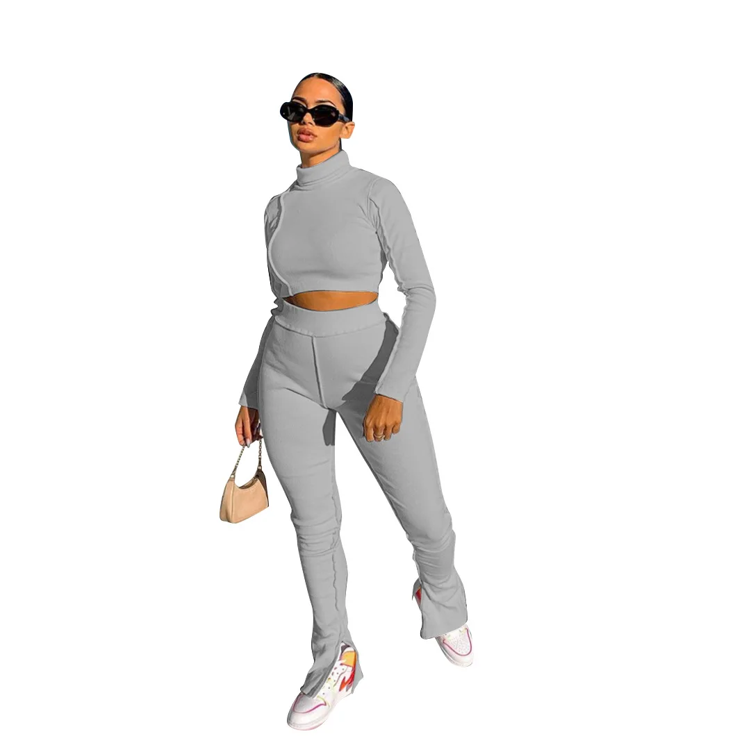 

Long Sleeve Women Casual Sets High Neck Long Sleeve Skinny Crop Tops High Waist Side Split Sports Pants Tracksuits Sports Party
