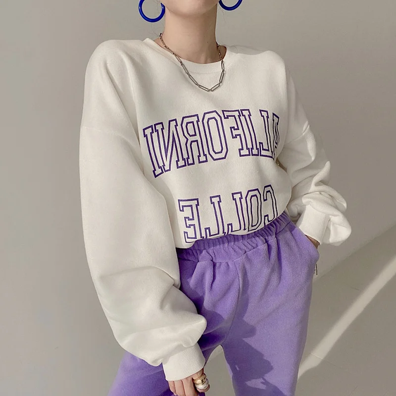

Korean Chic Autumn Versatile Age Reducing Round Neck Letter Printed Pullover Loose Casual Side Slit Long Sleeve Sweater