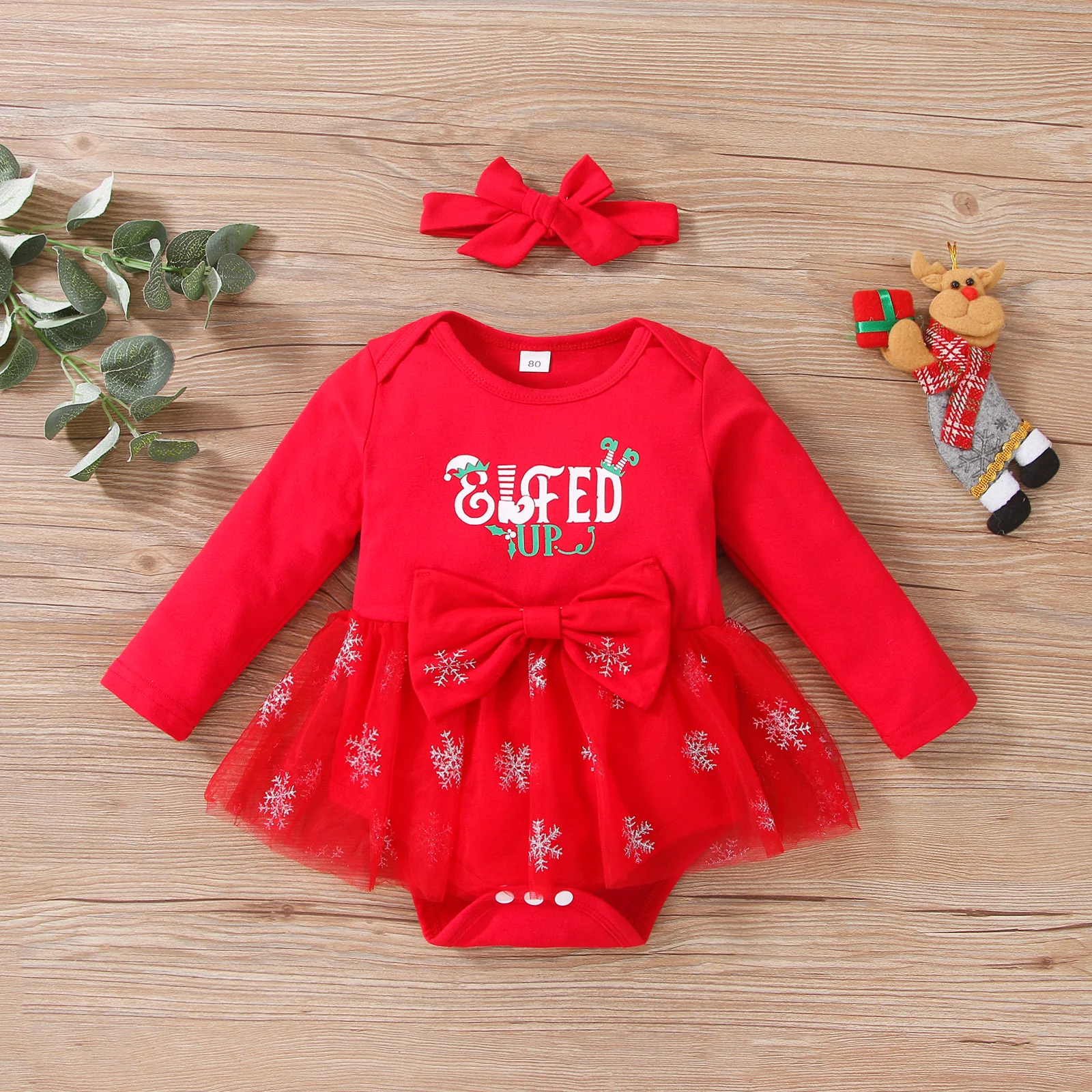 

Новорожденные девочки 2 шт. рождественские наряды с бантом комбинезоны платье с оборками Рождественская сетчатая искусственная повязка на ...