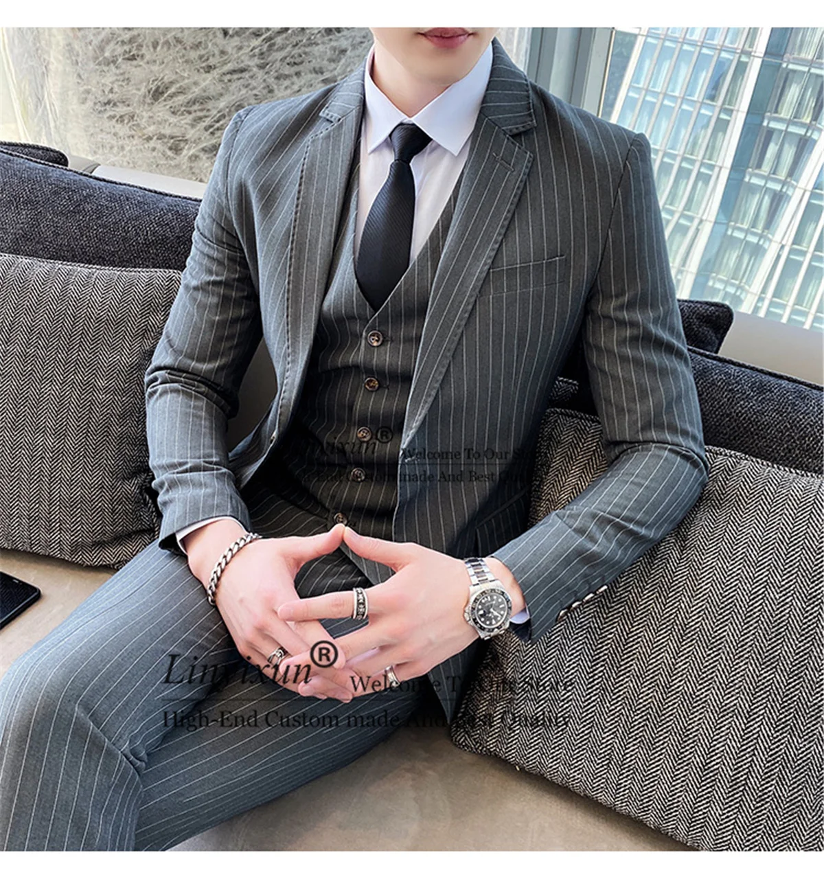 

Men's Striped Suit 3piece Wedding Groom Suit for Men Slim Fashion Banquet Formal Wear Tuxedo Business Casual Men's Clothing SET