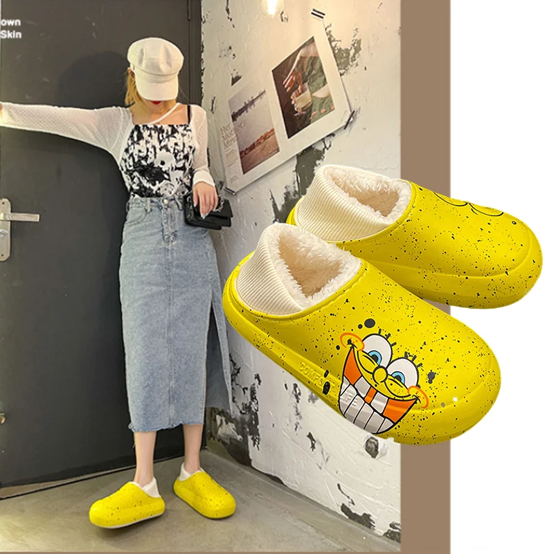 Zapatillas de algodón impermeables con dibujos de Bob Esponja para hombre y mujer, Zapatillas de algodón con Graffiti, gruesas, simples y bonitas, resistentes al desgaste, Invierno