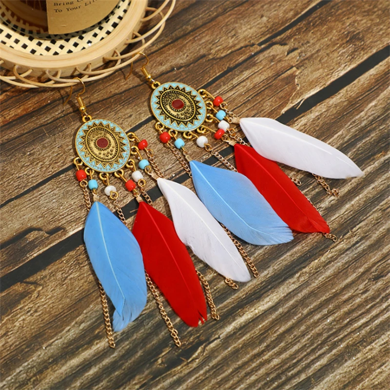 

Oval Compass Dripping Oil Long Feather Earrings Chain Tassel Rice Bead Earrings