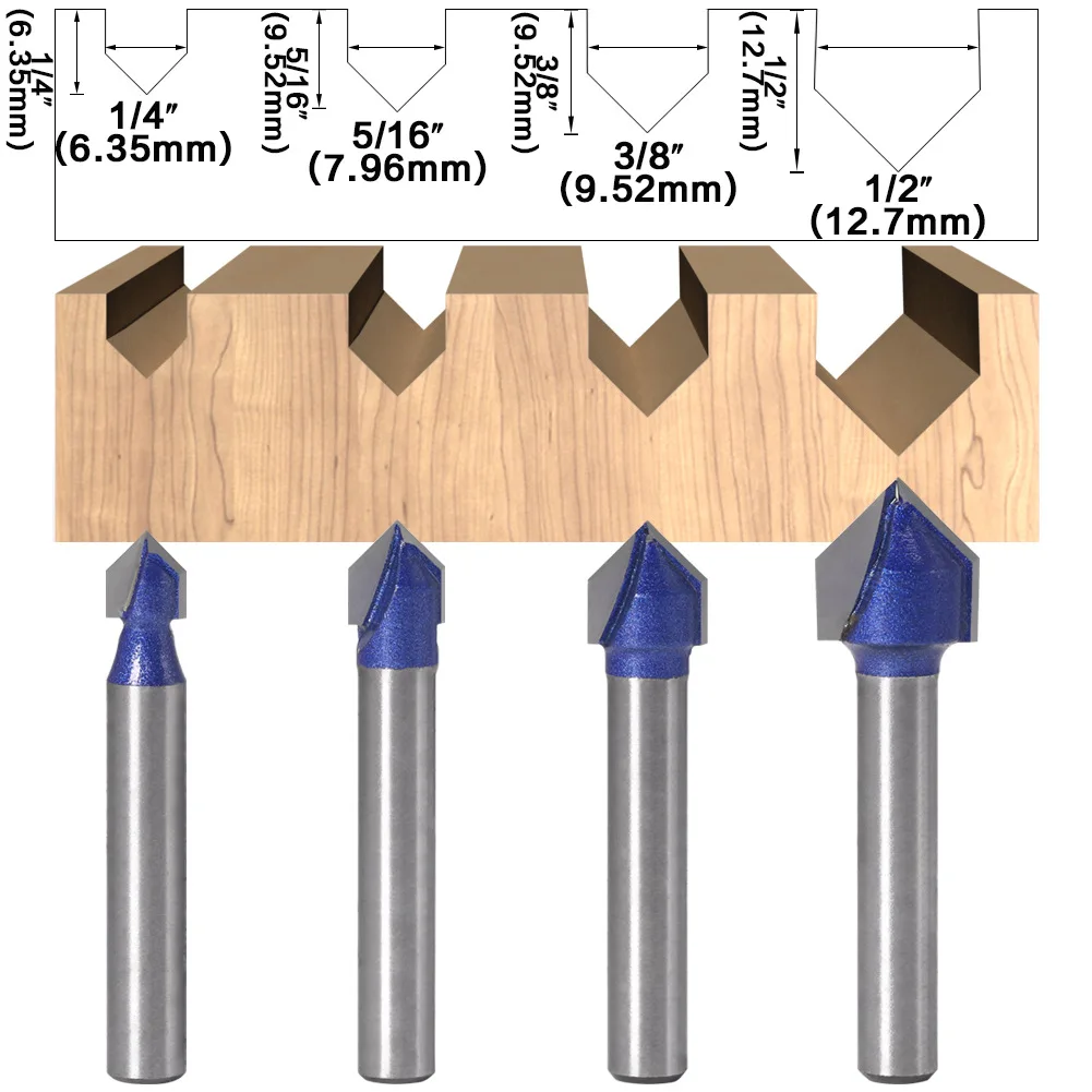 

4Pcs 6mm Shank 90° V- Shaped Groove Router Bit Set Fluting Wood Milling Cutter Woodworking Carbide-tipped Tools Trimming Bit