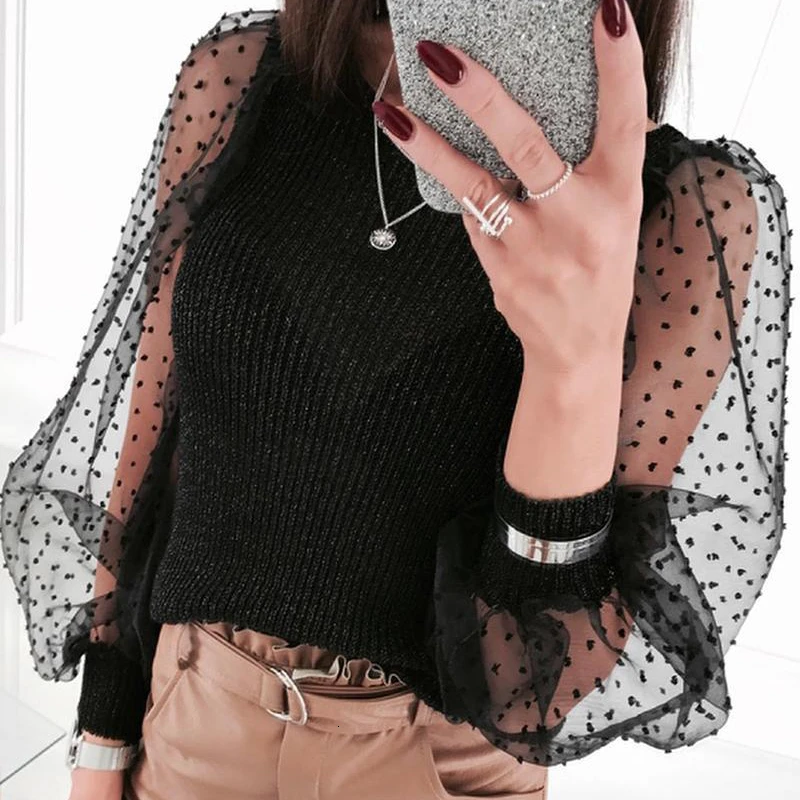 Женский сетчатый свитер GALCAUR в стиле пэчворк вязаный пуловер с круглым вырезом и